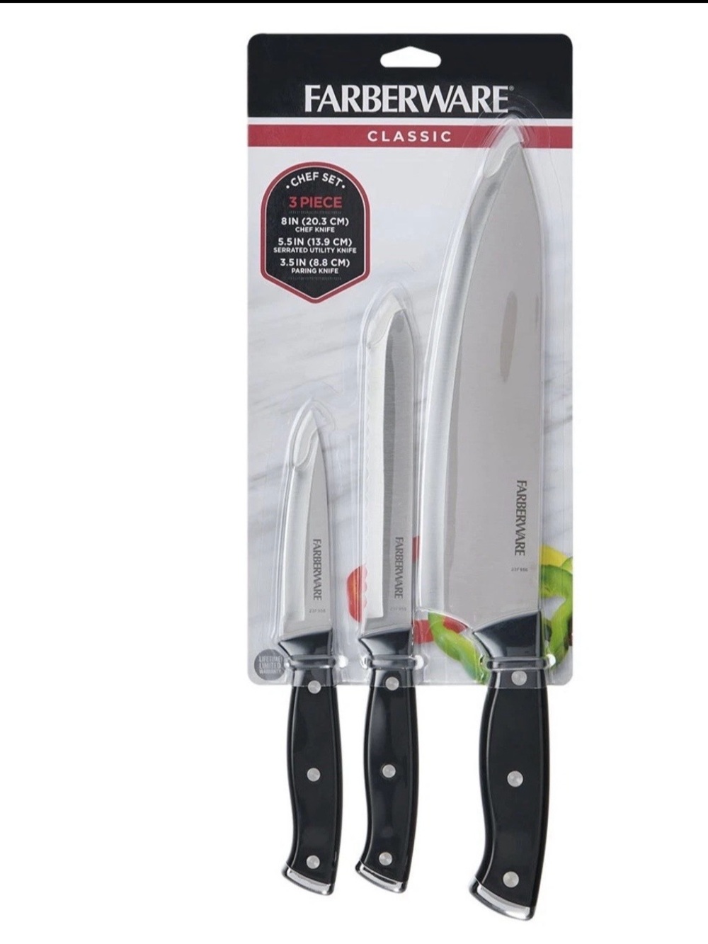 NIB Farberware Knife Set Classic 3-Piece Stamped Triple Riveted Chef 5278235